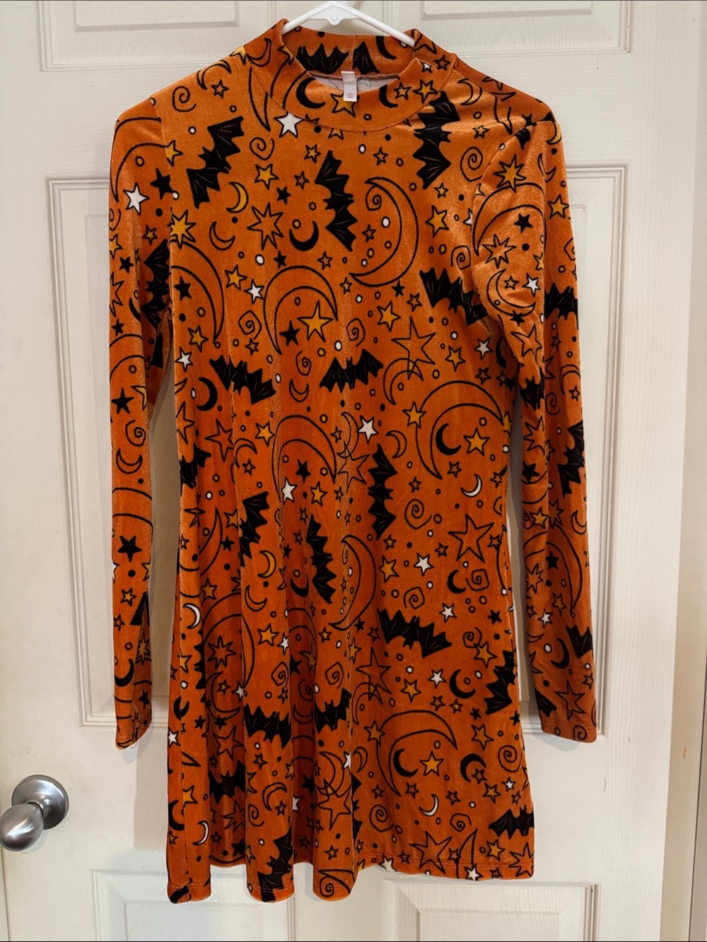 Orange Halloween Print Long-Sleeve Velvet Dress